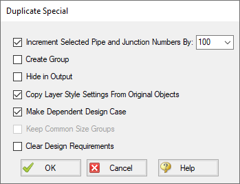 The Duplicate Special window with the Make Dependent Design Case option selected.